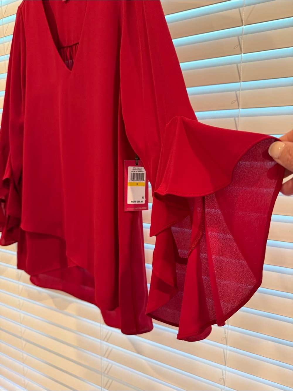 Vince Camuto Red V-Neck Ruffle Sleeve Tunic Blouse - Picture 2 of 7